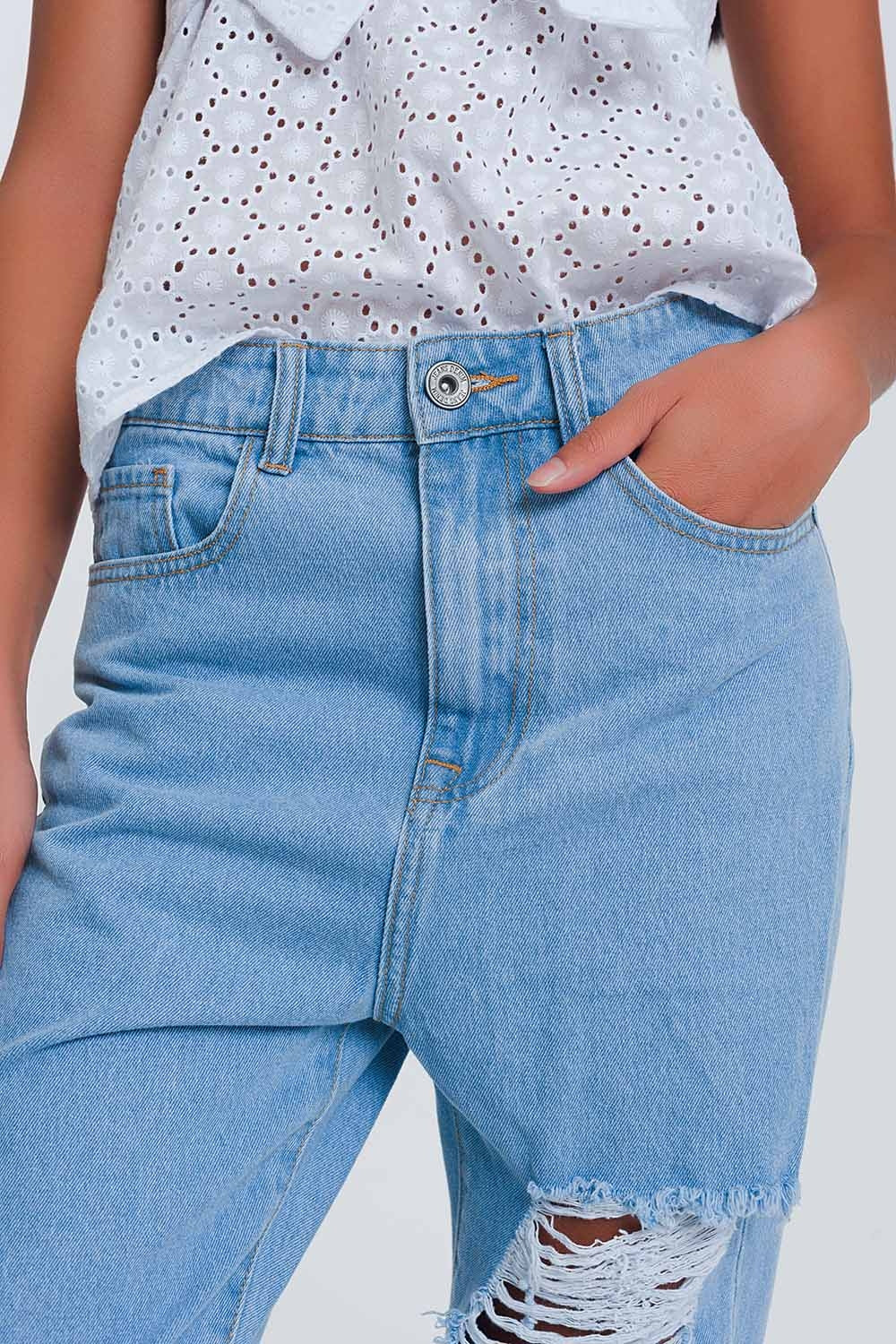 Jean mom taille haute avec genoux déchirés - Bleu Clair