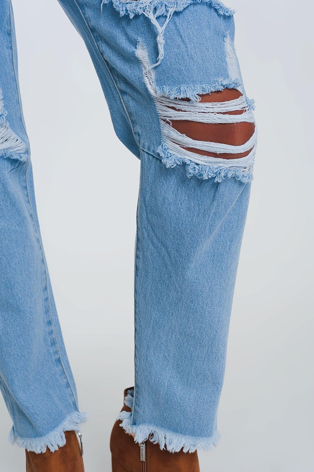 Jean mom taille haute avec genoux déchirés - Bleu Clair