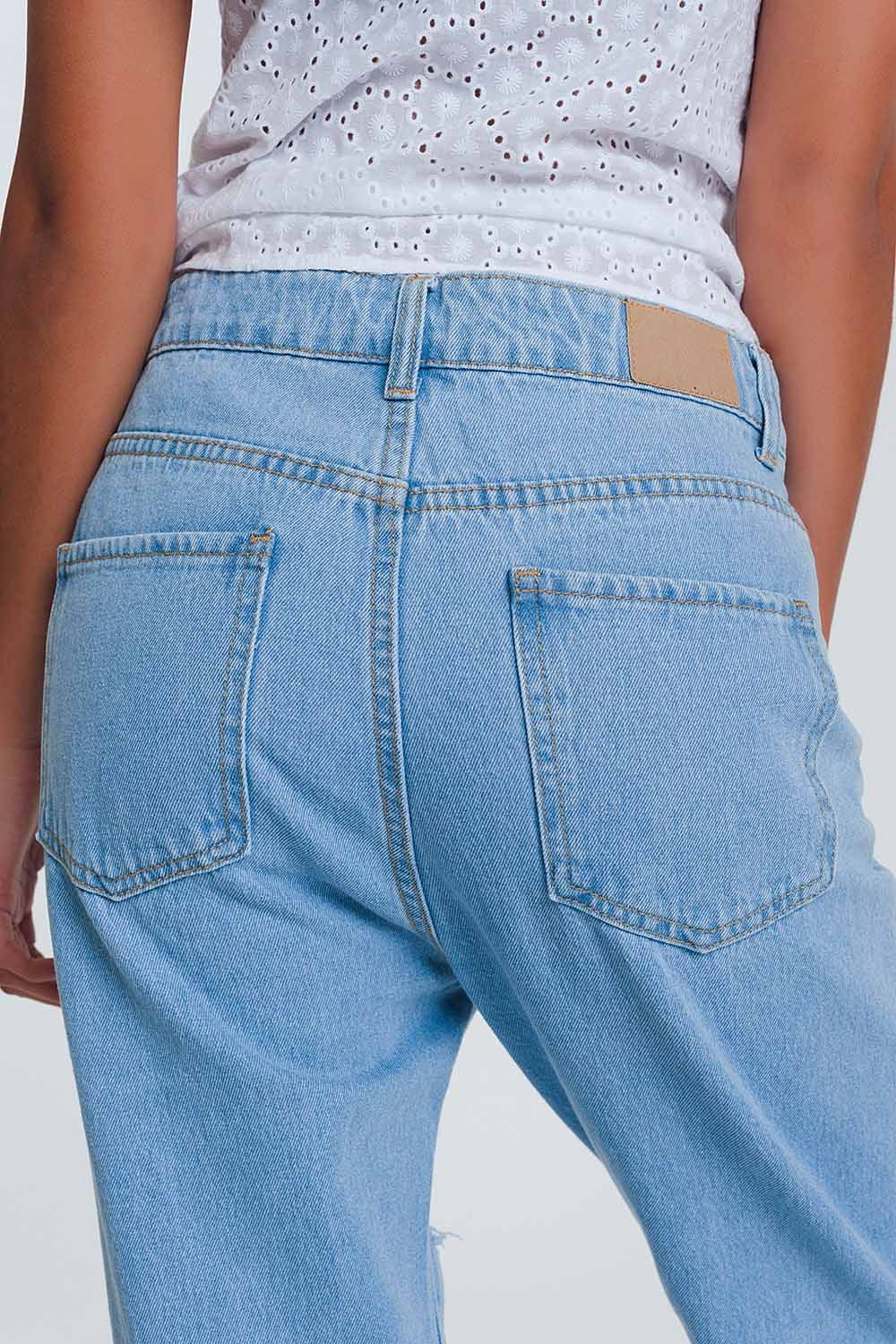 Jean mom taille haute avec genoux déchirés - Bleu Clair