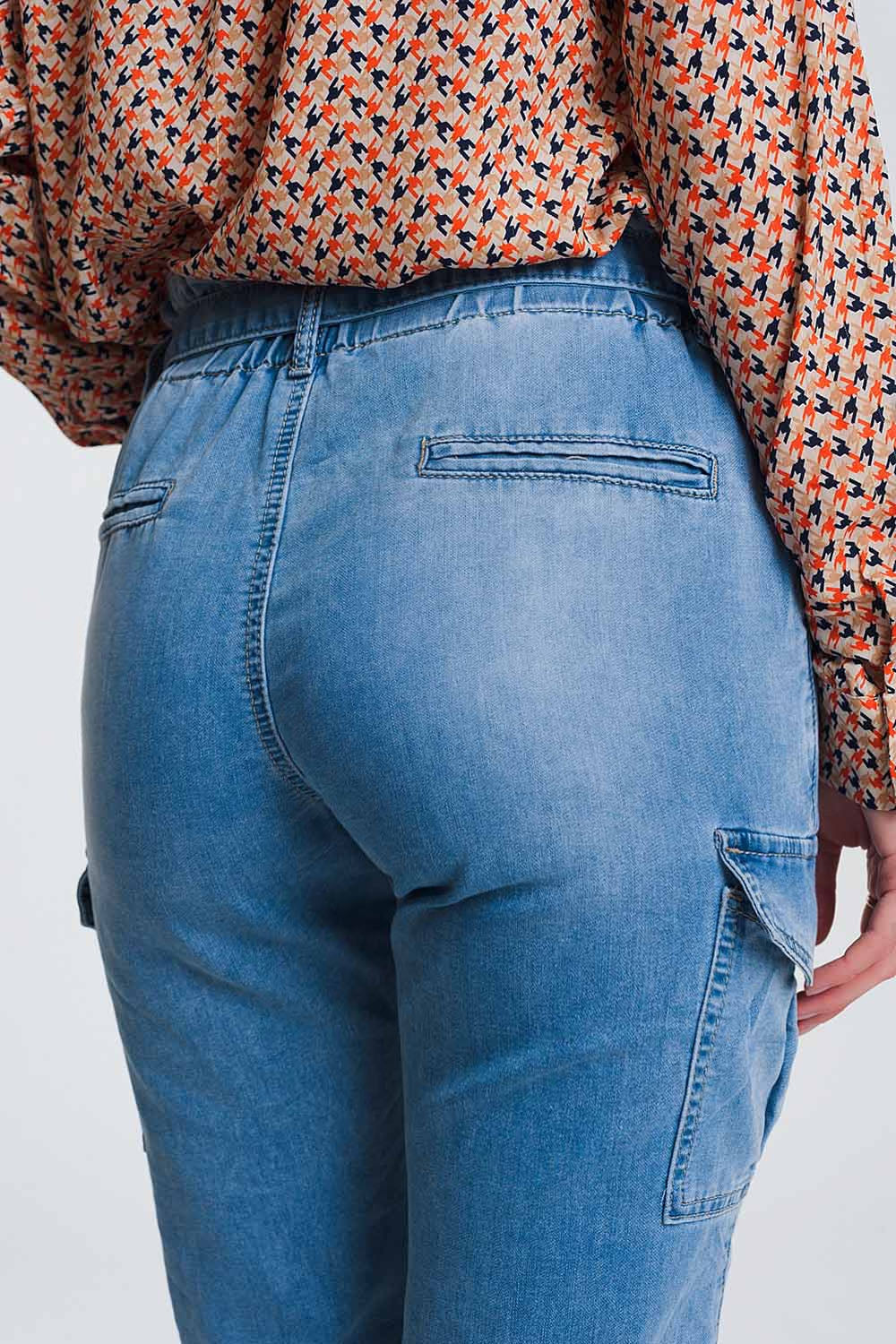 Jean à taille haute froncée Bleu clair
