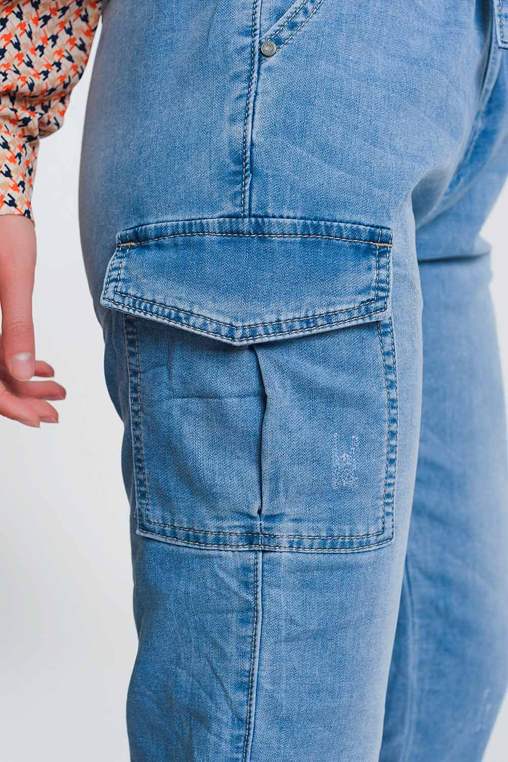 Jean à taille haute froncée Bleu clair