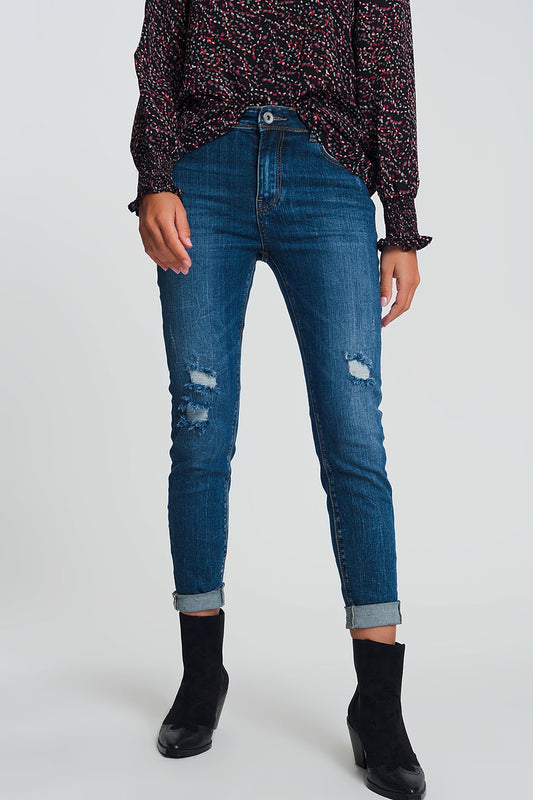 Jean skinny taille haute avec détails déchirés en Bleu délavage foncé