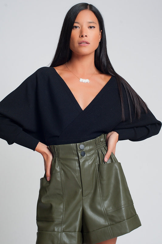 Pull en maille avec col en V enveloppé en noir