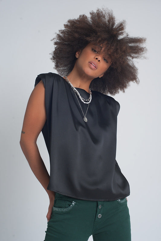 Top sans manches à épaulettes en satin froncé noir