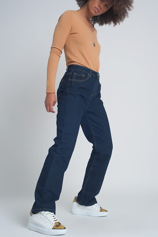 Jean droit à taille haute Bleu foncé