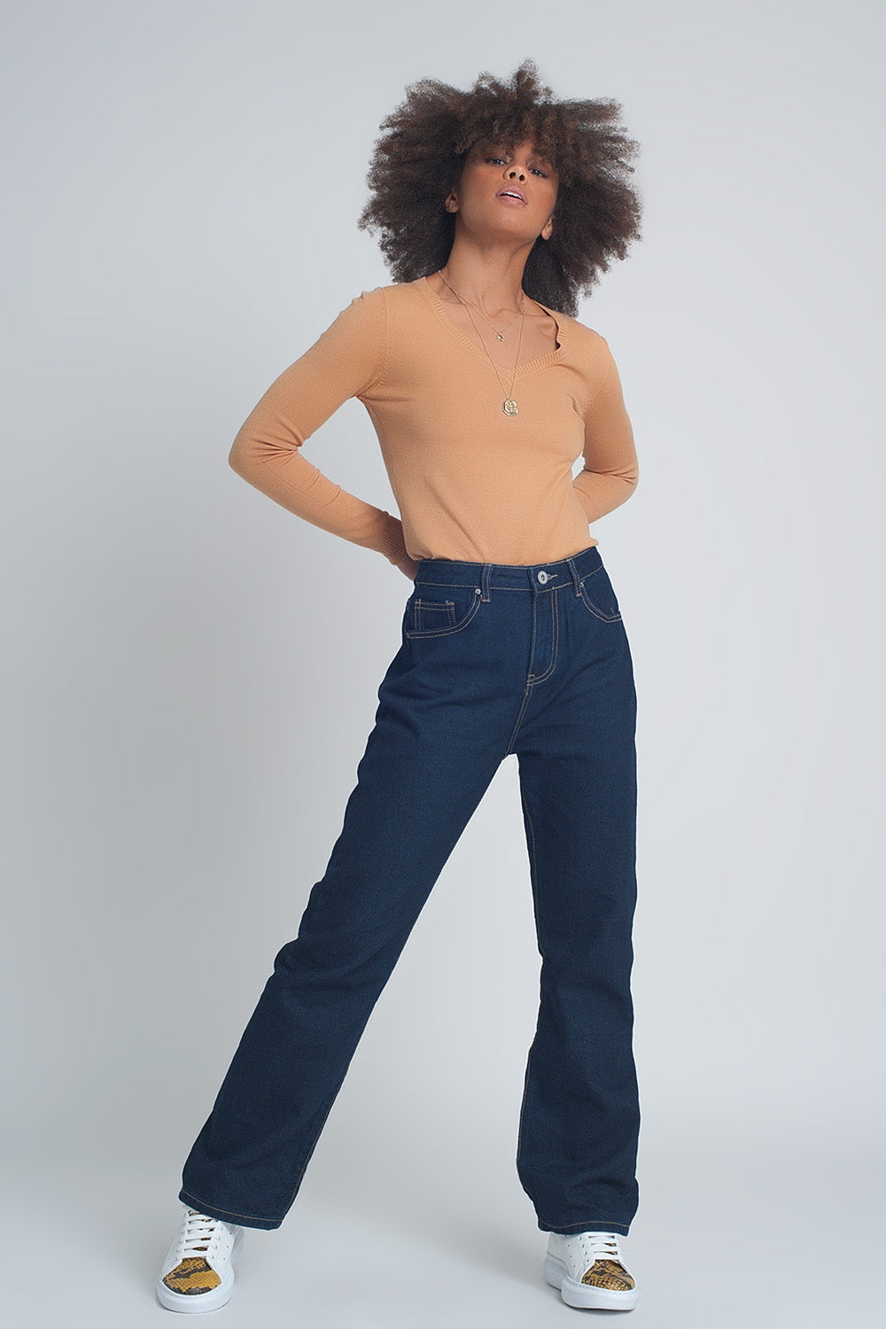 Jean droit à taille haute Bleu foncé