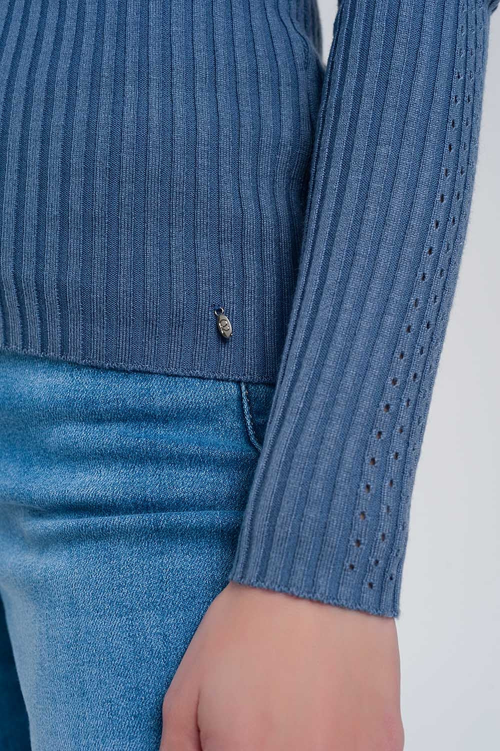 Pull côtelé à col montant Bleu
