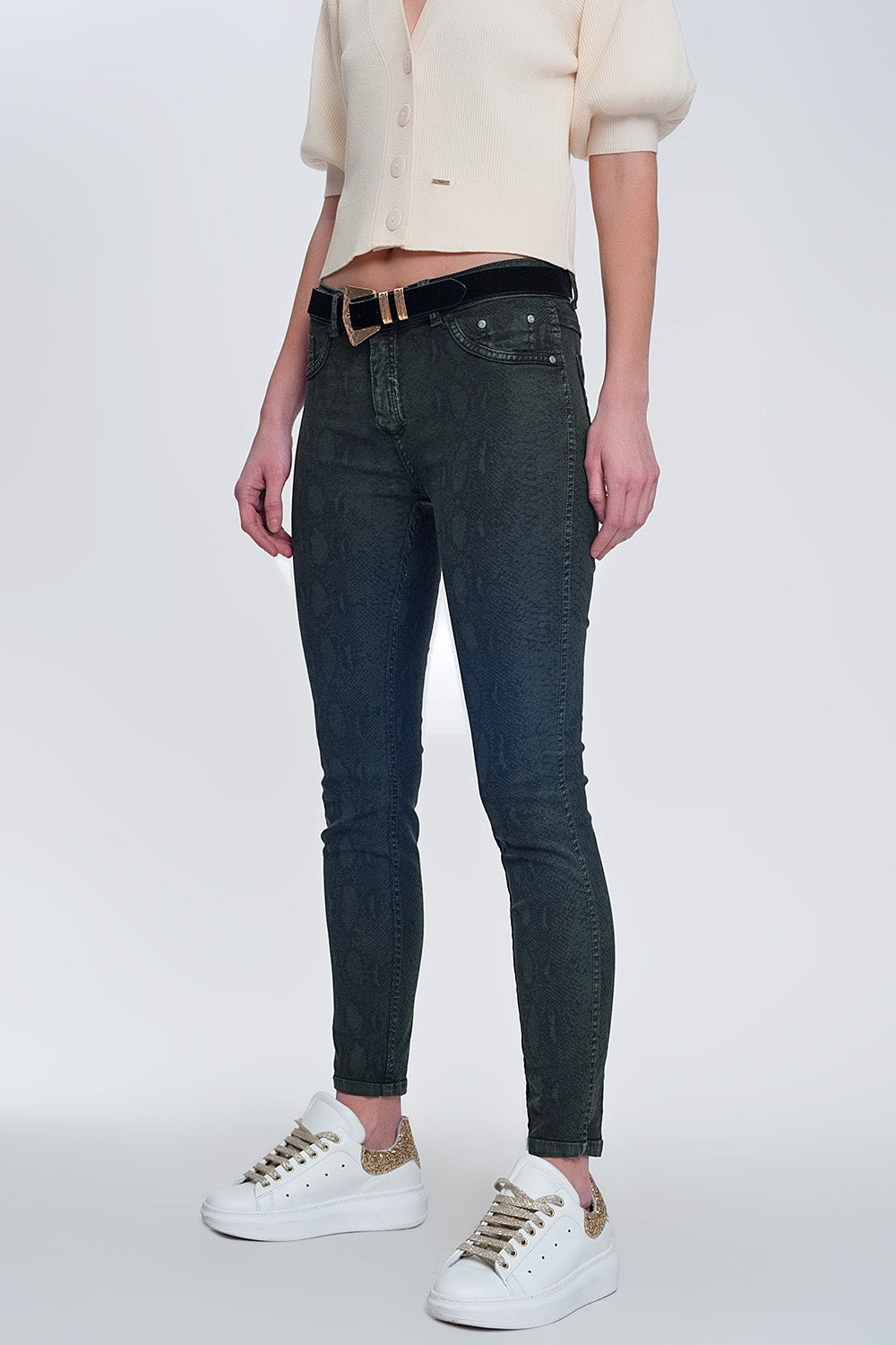 Pantalon réversible super skinny kaki avec imprimé serpent