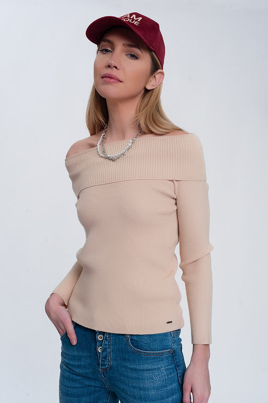 Pull Bardot à grosses côtes beige