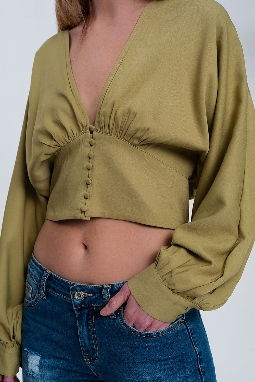 Top à manches bouffantes vert