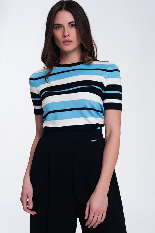 Pull ras de cou coupe carrée à rayures multicolores bleues