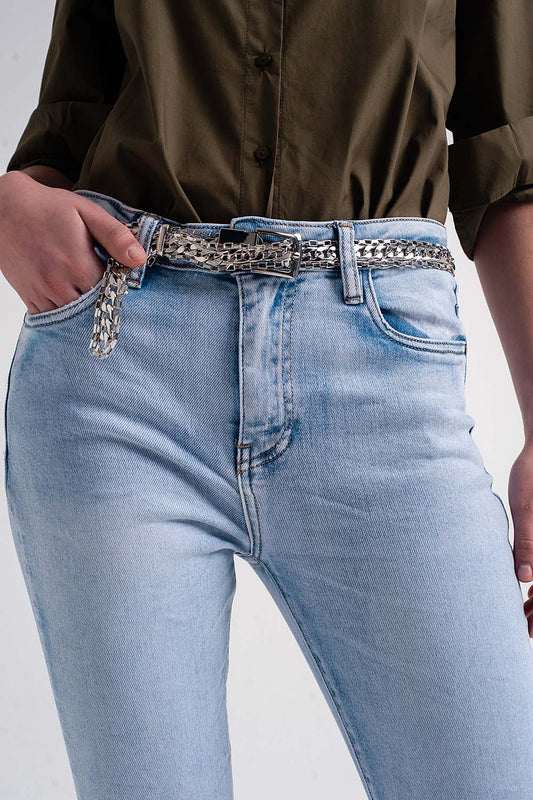 Jean droit avec chevilles pliées Bleu clair