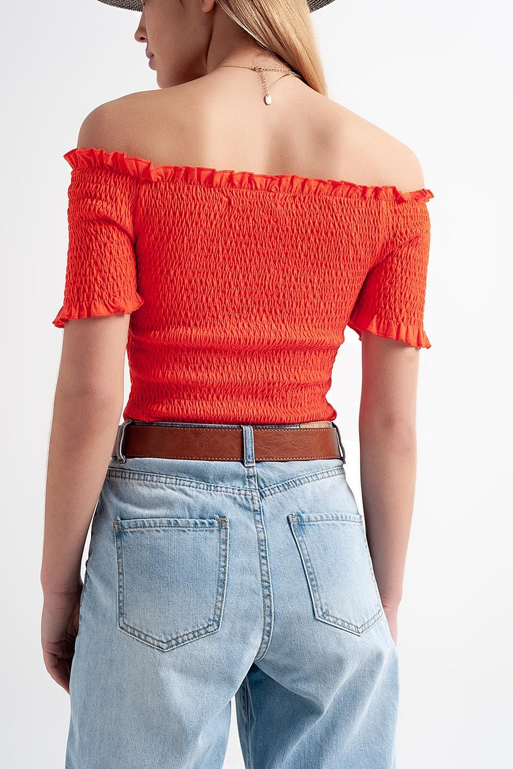 Crop top froncé style bardot orange