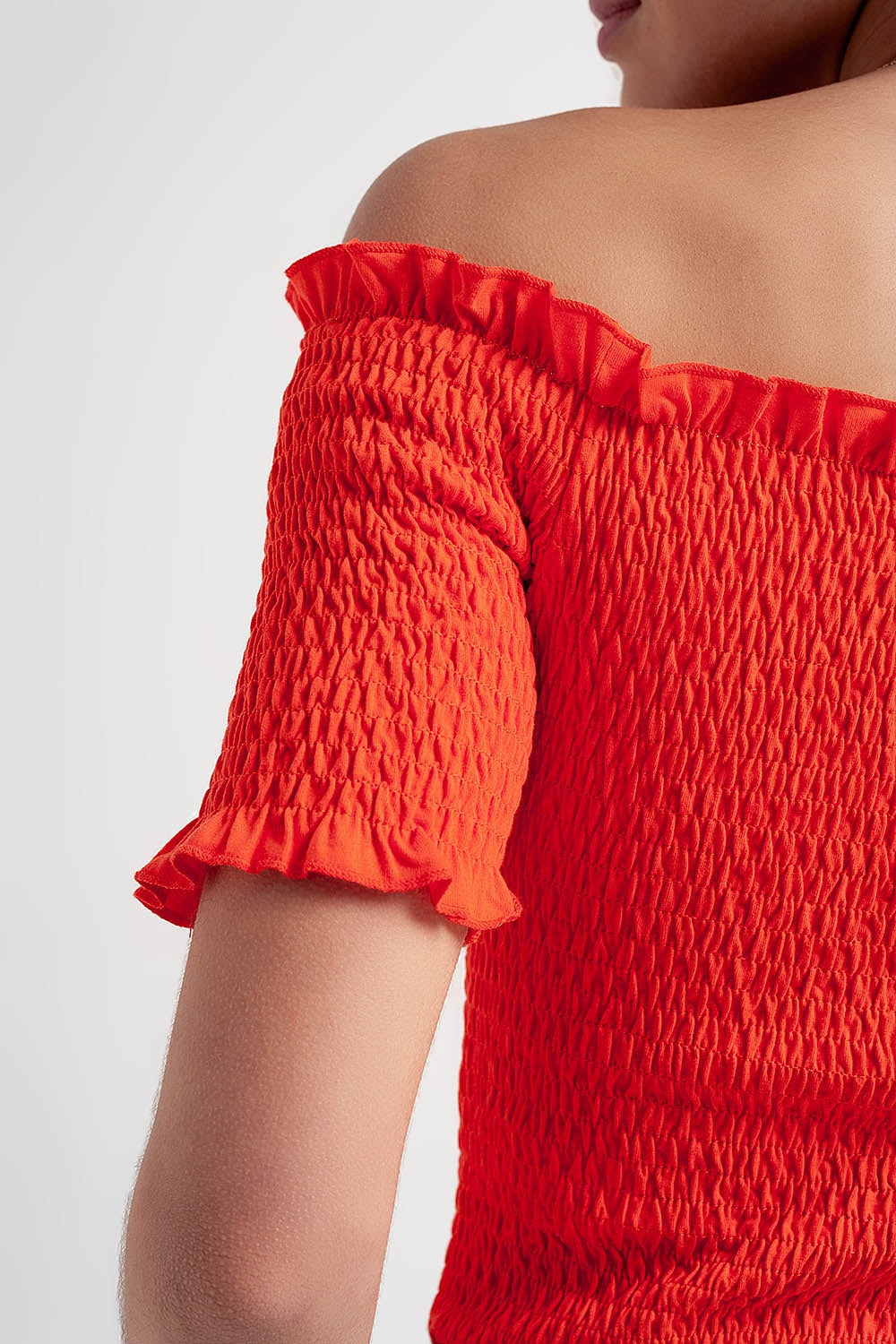 Crop top froncé style bardot orange