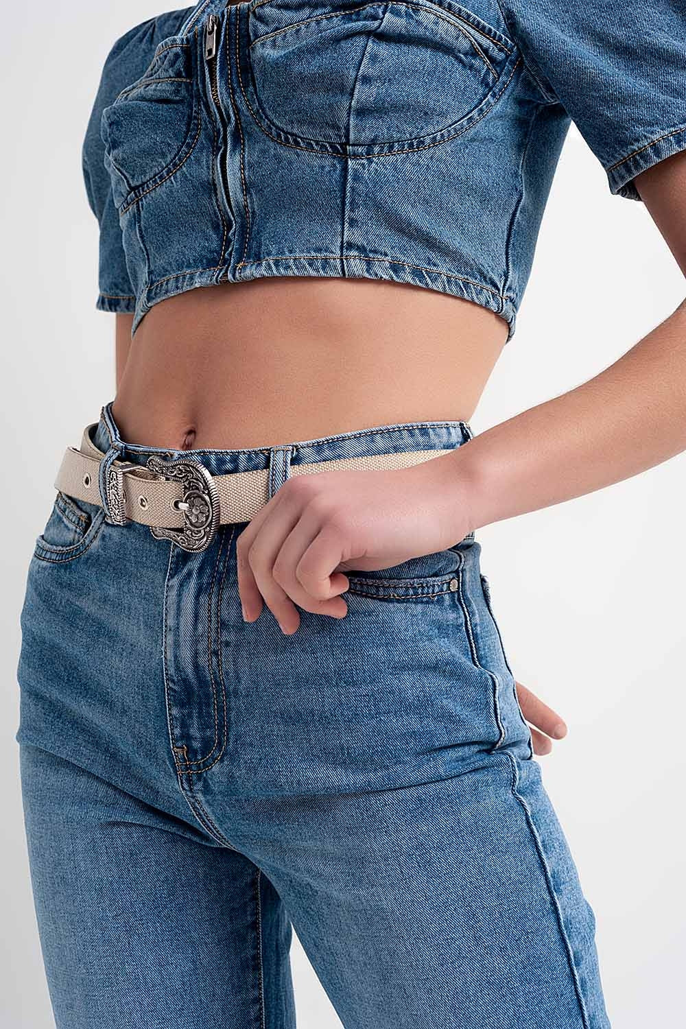 Crop top en denim à manches bouffantes avec détail style corset Bleu
