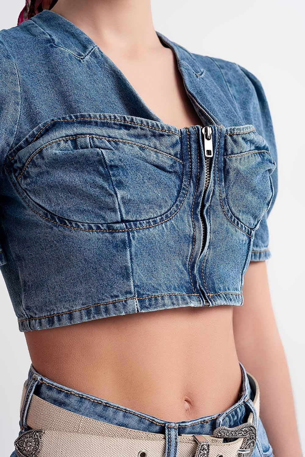 Crop top en denim à manches bouffantes avec détail style corset Bleu