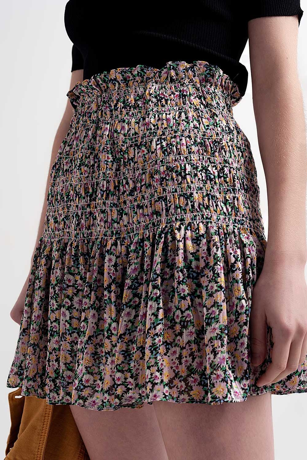 Jupe patineuse d'ensemble froncée à petites fleurs Noir