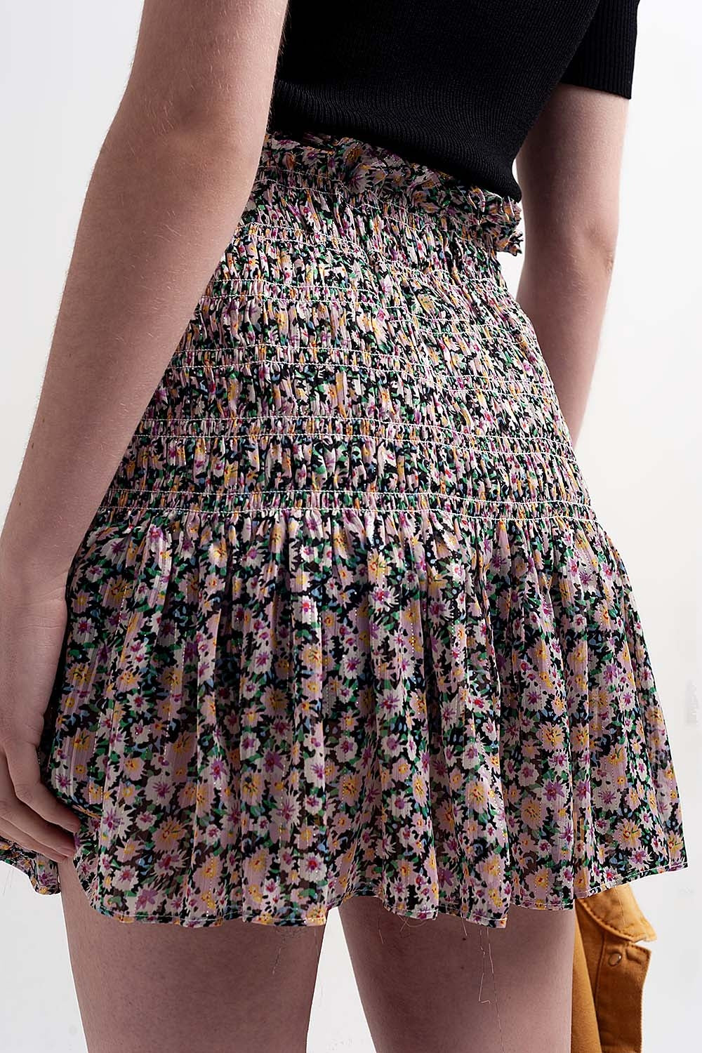 Jupe patineuse d'ensemble froncée à petites fleurs Noir