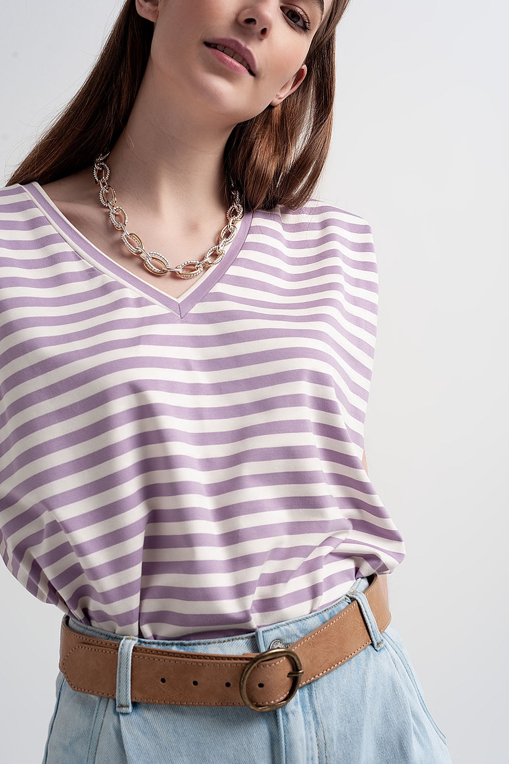 T-shirt sans manches à rayures avec épaulettes violette