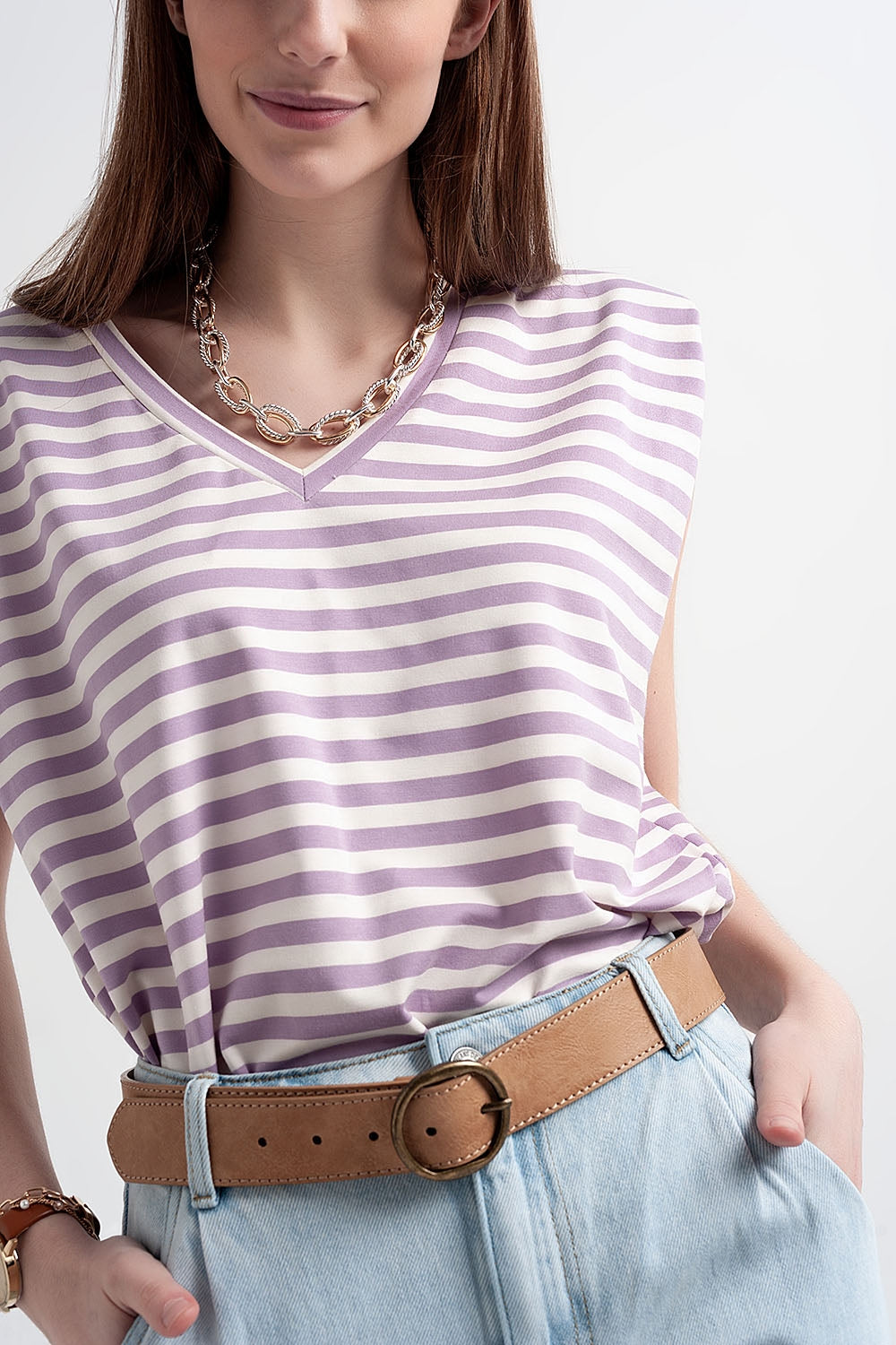 T-shirt sans manches à rayures avec épaulettes violette