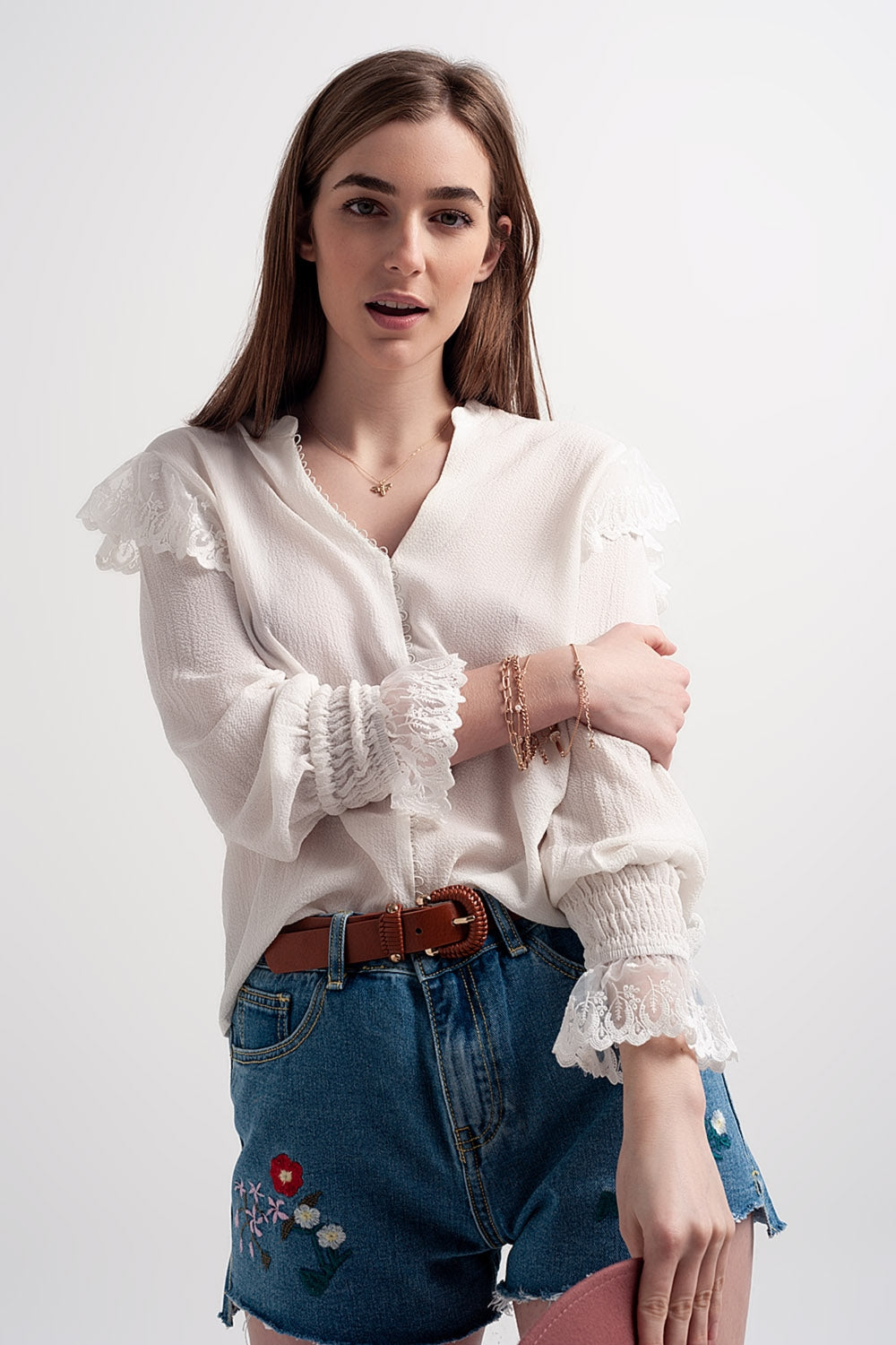 Blouse à manches volumineuses avec poignets resserrés Nacre