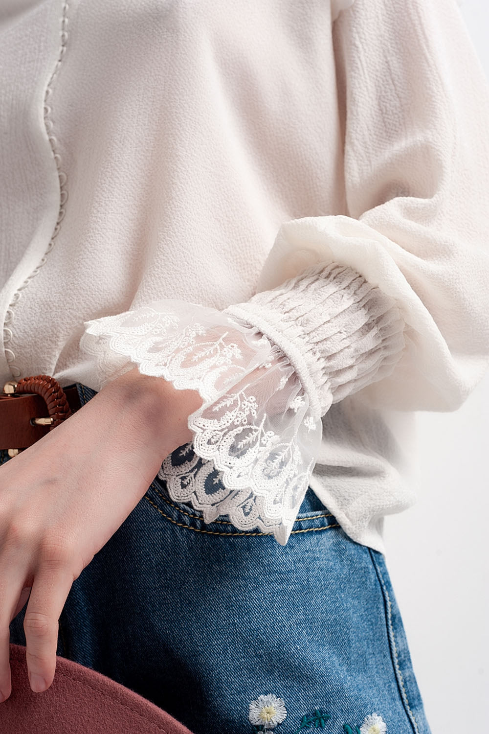 Blouse à manches volumineuses avec poignets resserrés Nacre