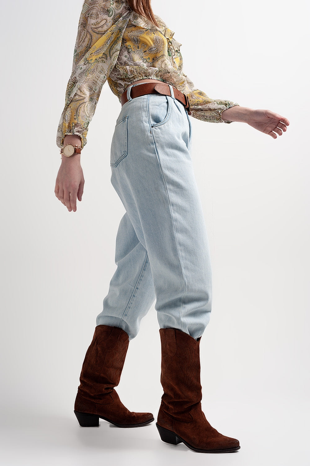 Jean mom ample taille haute Délavage clair