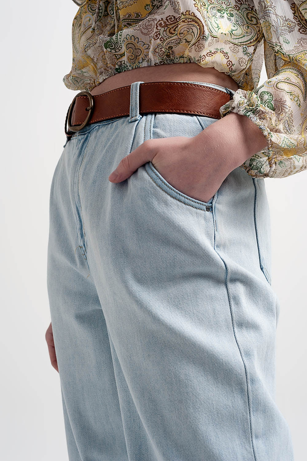 Jean mom ample taille haute Délavage clair