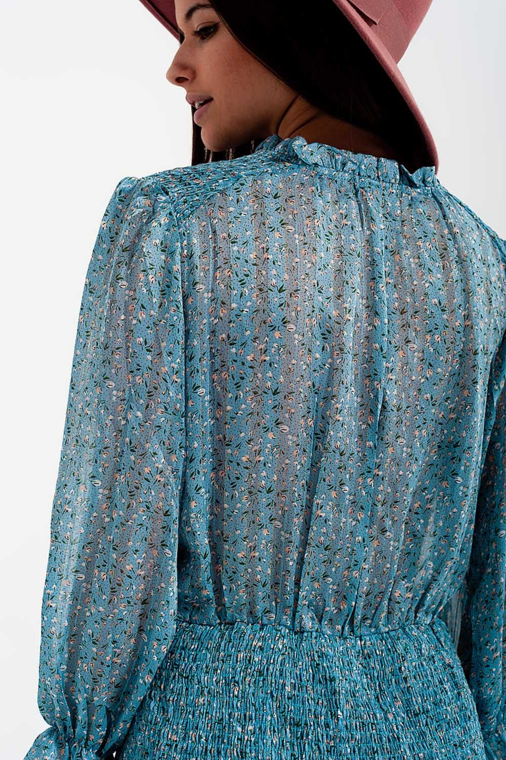 Robe courte avec jupe froncée et fente goutte d'eau turquoise