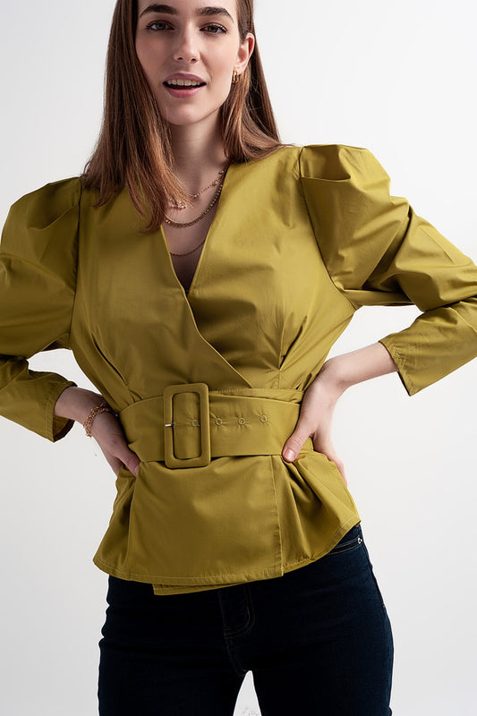 Top cache-cœur à manches bouffantes et ceinture en vert