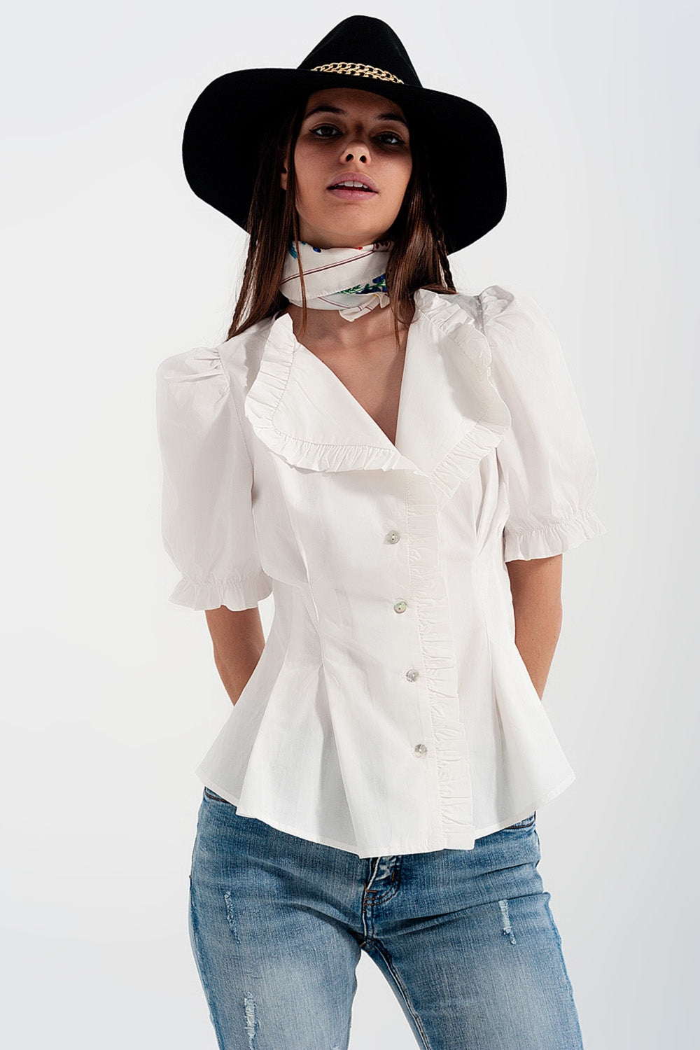 Blusa avvolgente in popeline con volant colore blanche