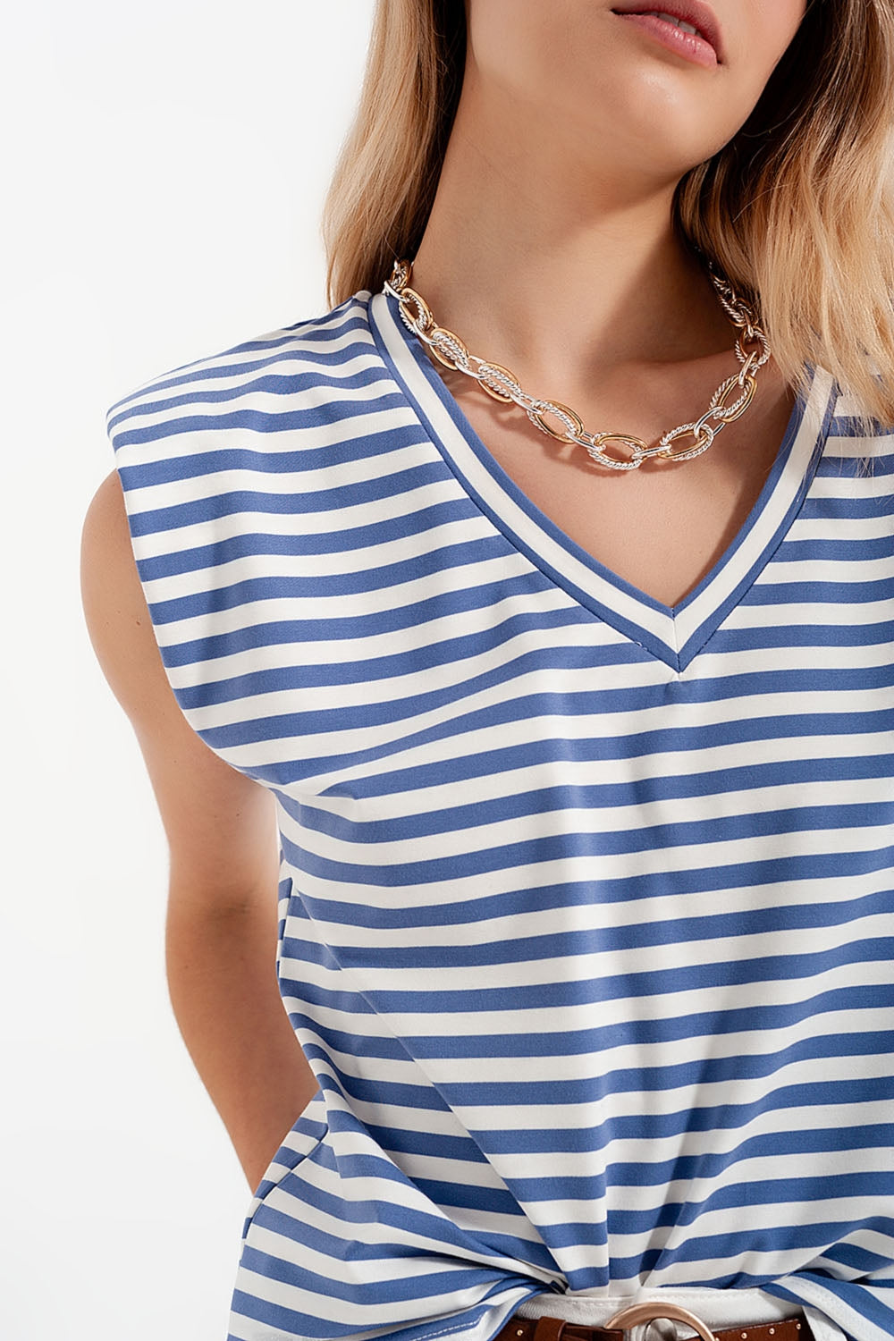 T-shirt sans manches à rayures avec épaulettes bleu