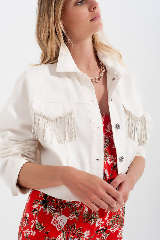 Veste blanc en jean  à franges ornées de strass