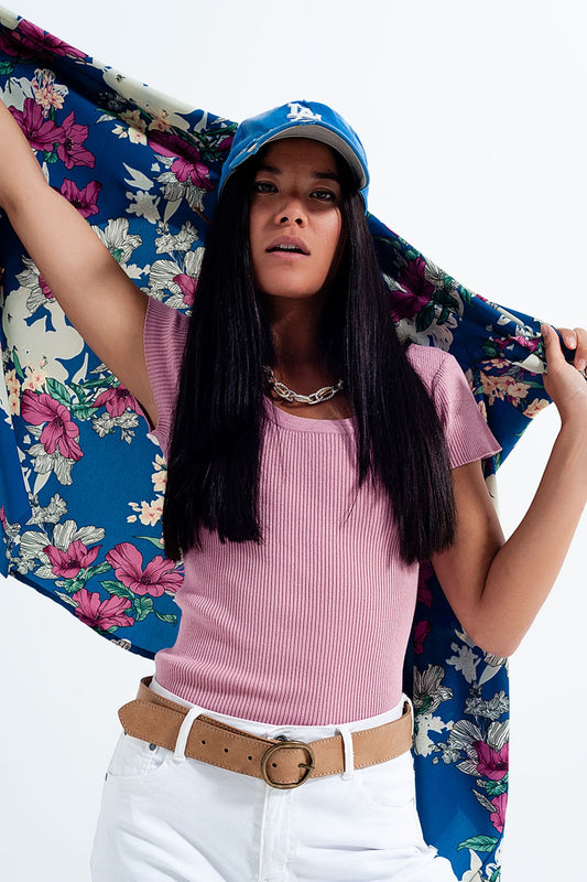 Pull ras de cou moulant en maille côtelée rose