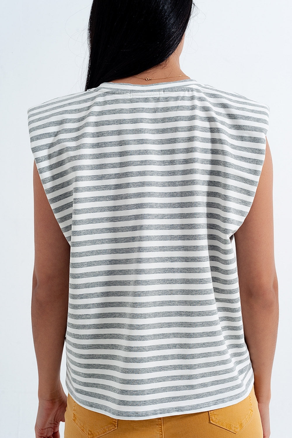 T shirt sans manches à rayures avec épaulettes gris