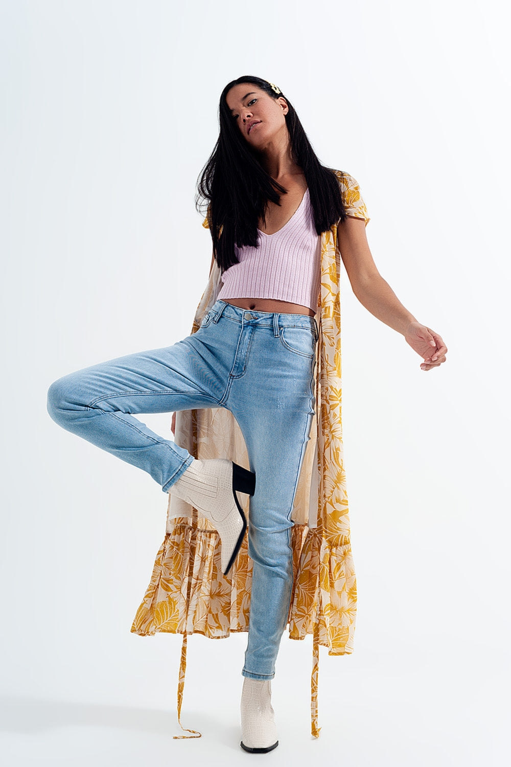 Jean skinny taille haute effet vintage Délavage clair