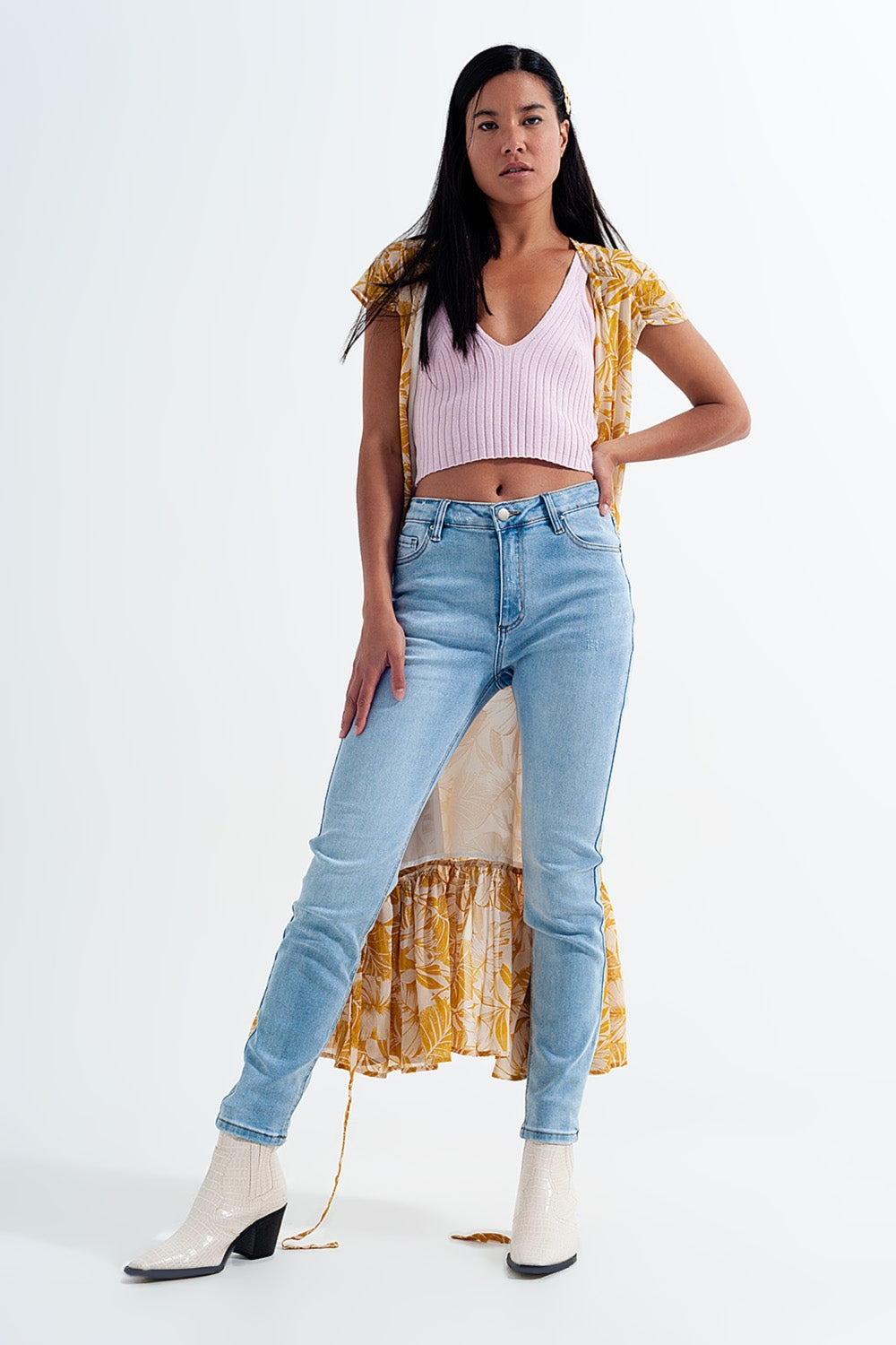 Jean skinny taille haute effet vintage Délavage clair