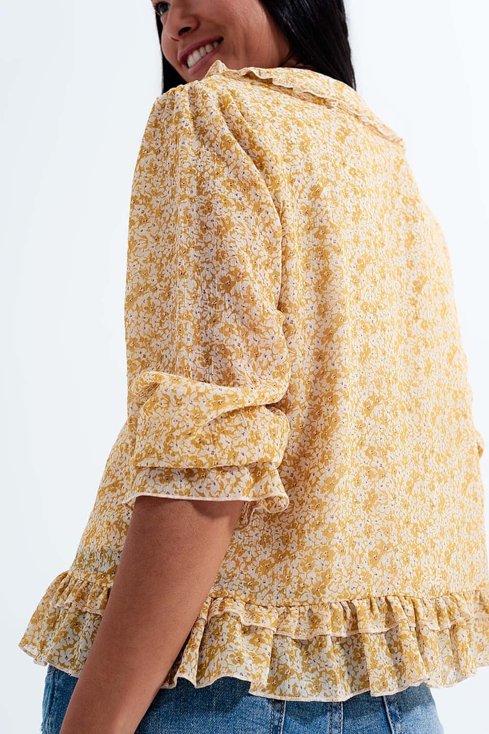 Blouse en mousseline avec lien sur le devant Imprimé à petites fleurs jaune