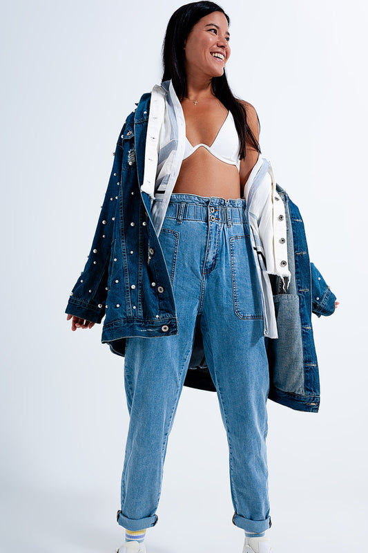 Jean mom à taille haute froncée Bleu moyen