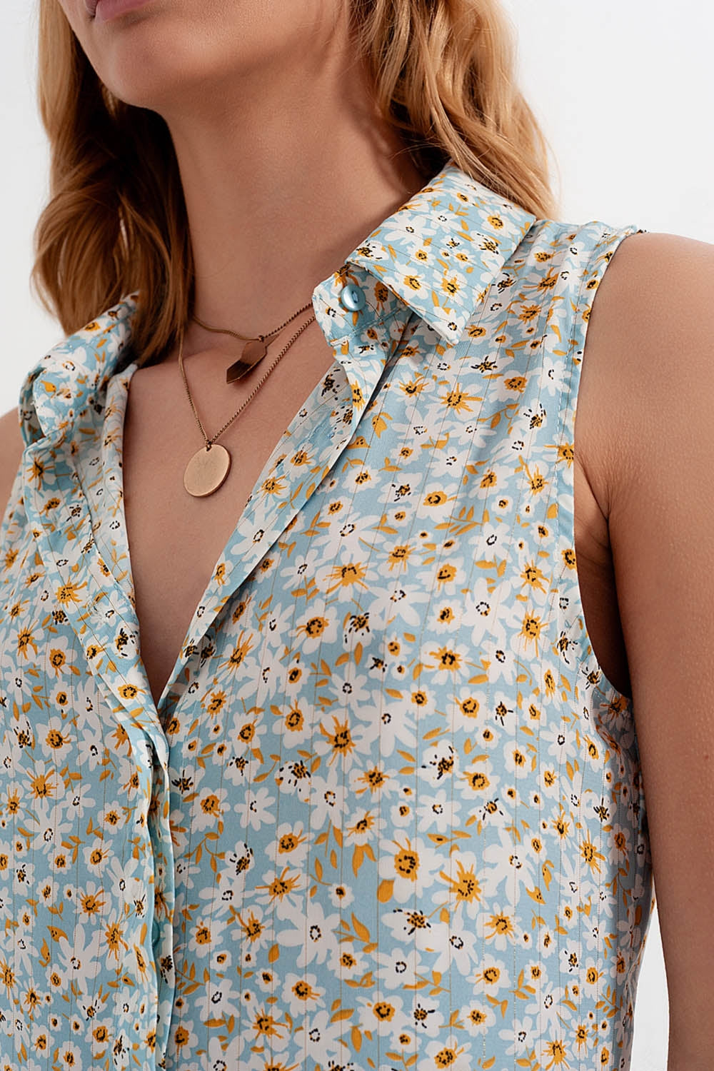Robe chemise sans manches à fleurs Bleu