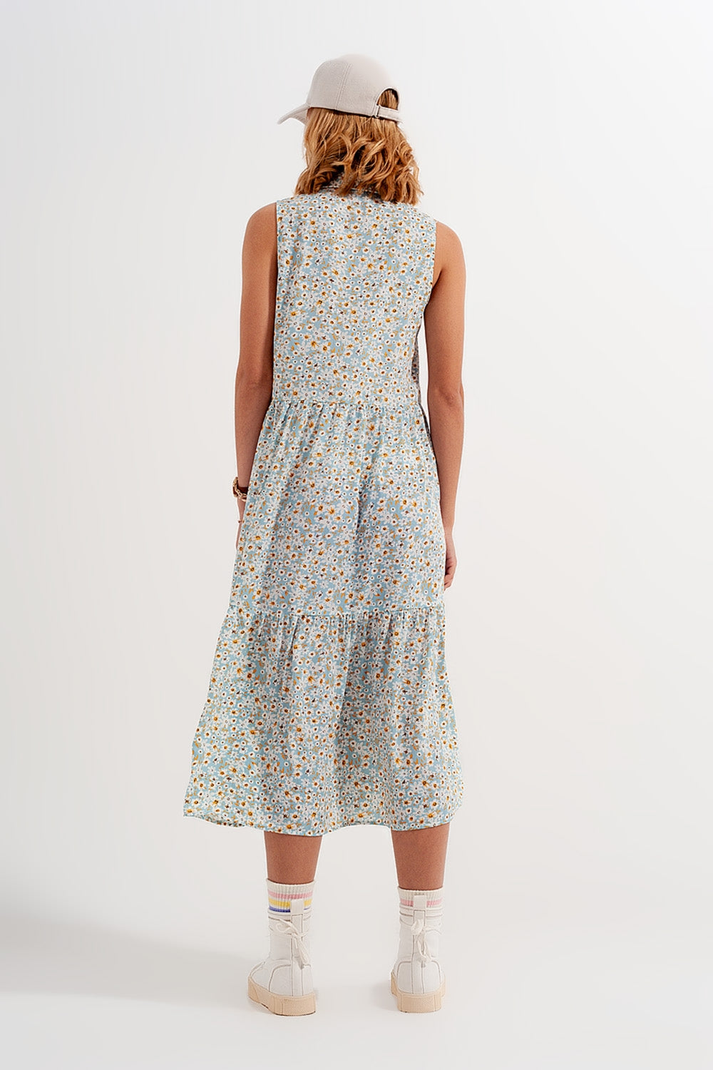 Robe chemise sans manches à fleurs Bleu