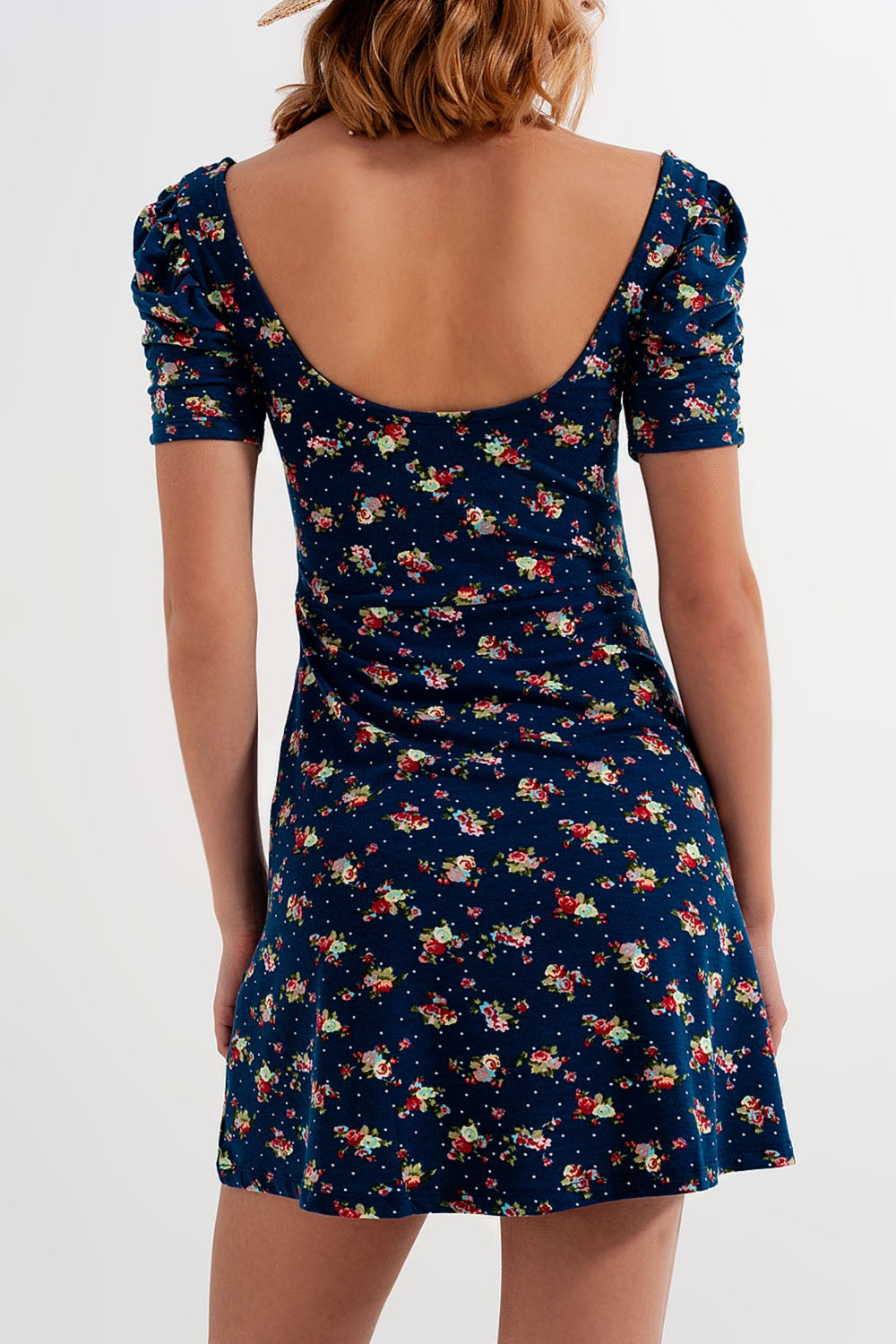 Robe patineuse à fleurs avec manches bouffantes bleu marine