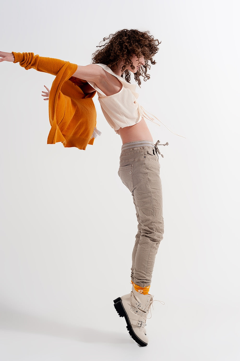 Pantalon chino skinny à taille élastique beige