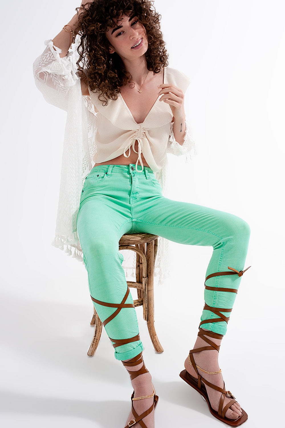 Jean skinny taille haute en vert pistache