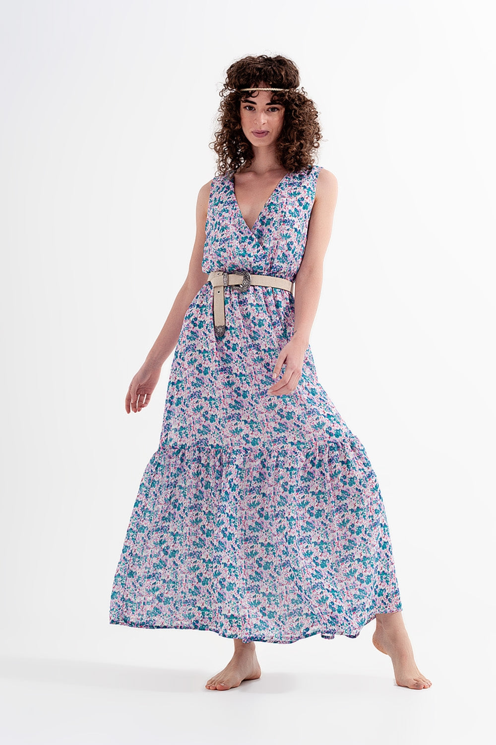 Robe longue sans manches à petites fleurs en vert