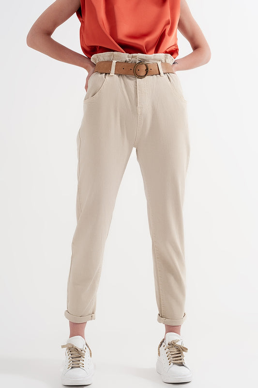 Jean mom à élastique taille haute froncée beige