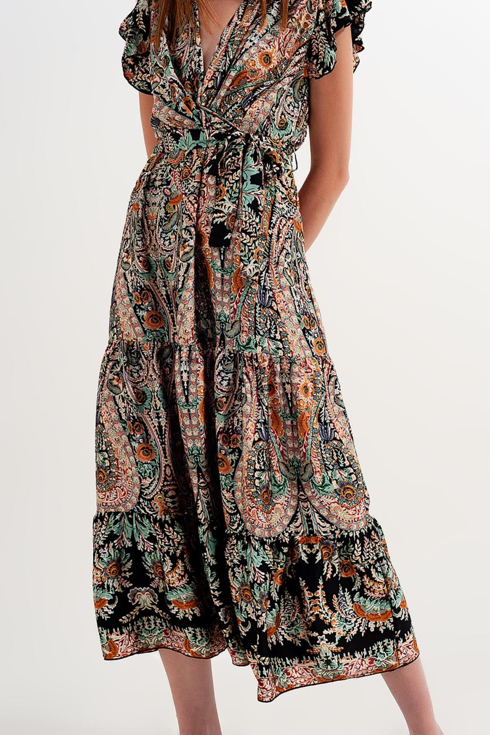 Robe longue avec jupe à superpositions et motif cachemire