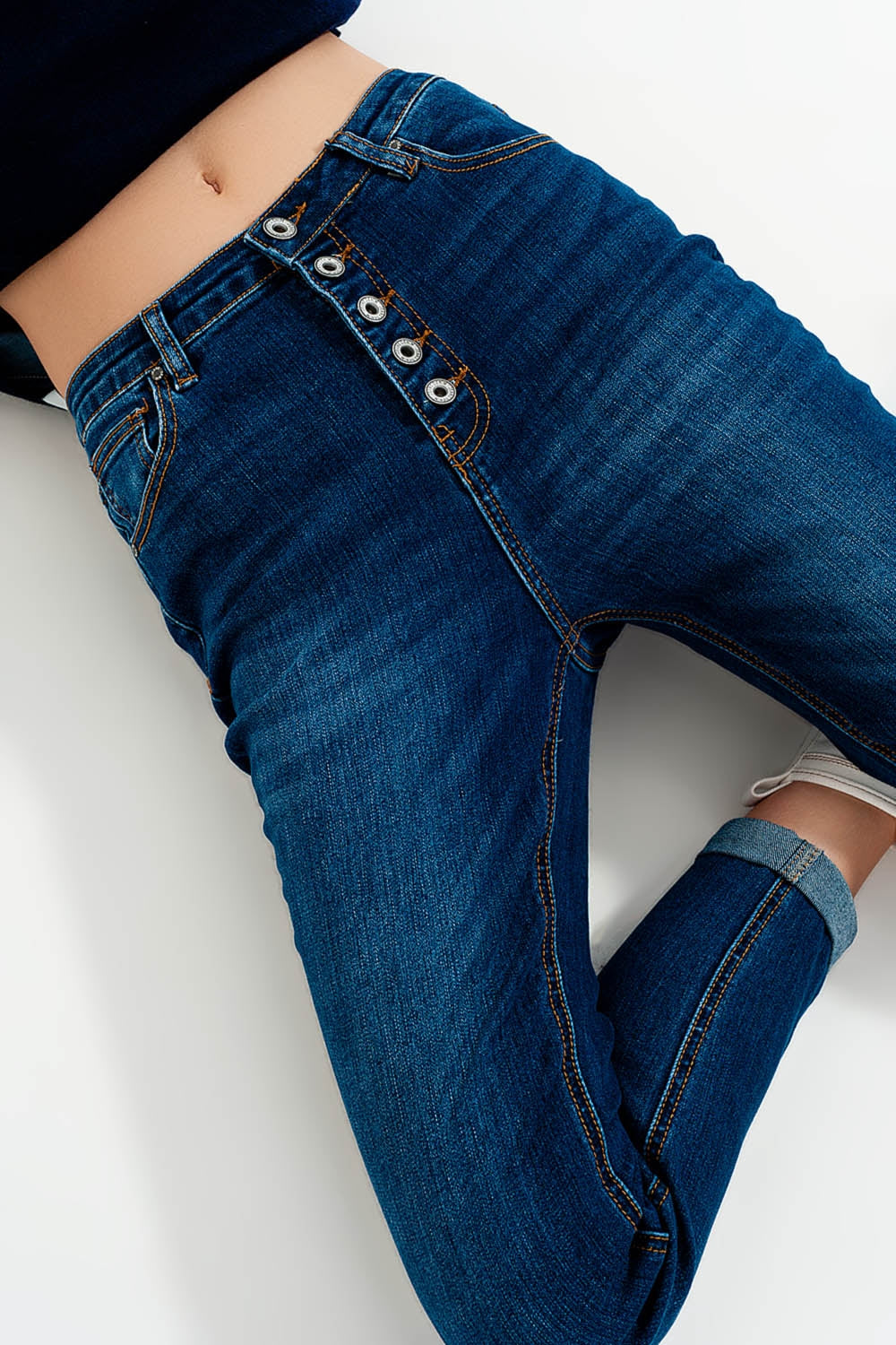 Jean taille haute avec boutons apprarents  Bleu