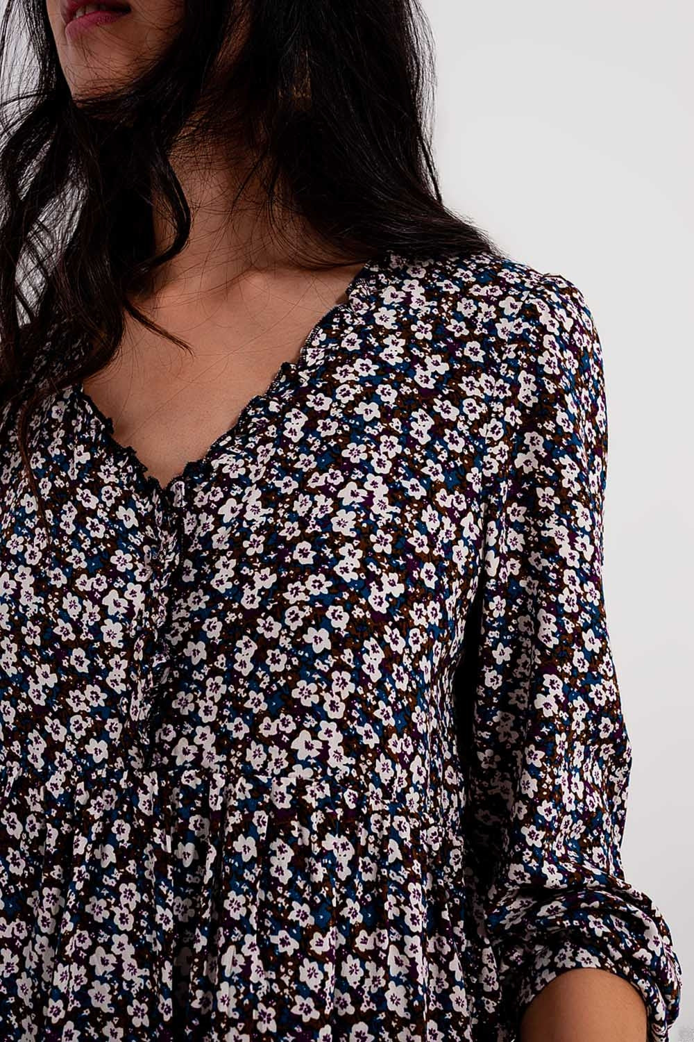 Robe courte boutonnée à imprimé fleuri marron