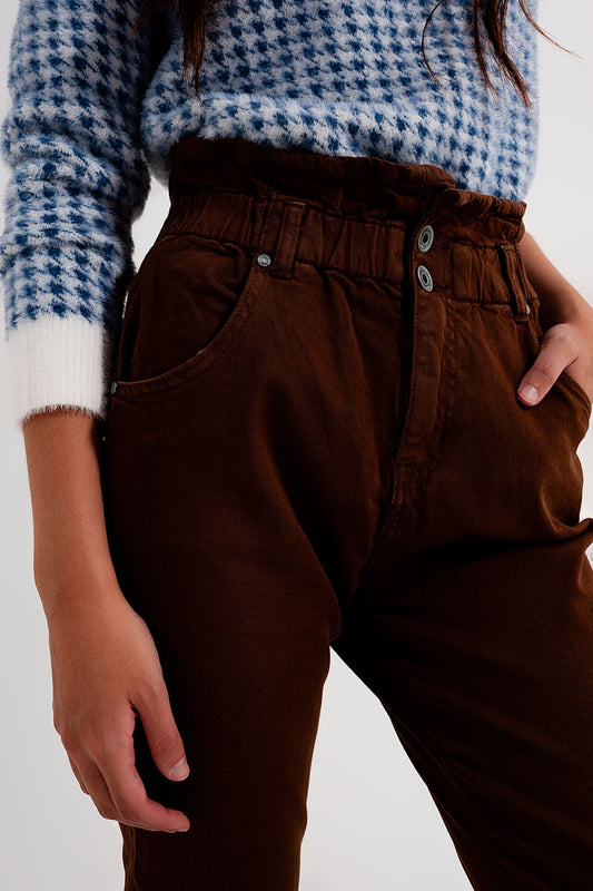 Jean mom à élastique taille haute froncée marron